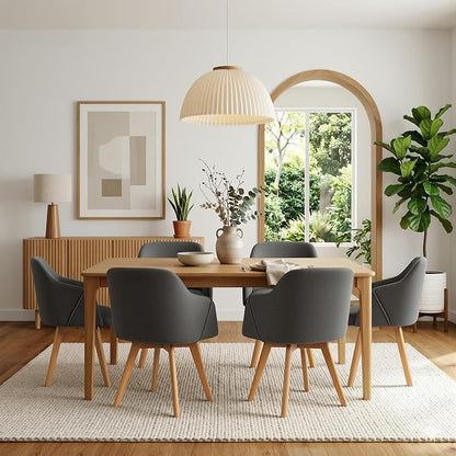 Swivel Dining Chairs Set of 6, Mid Century Modern Dining Chairs with Arms, Linen Fabric Upholstered Kitchen Dining Room Chairs with Solid Wood Legs for Living Room Grey