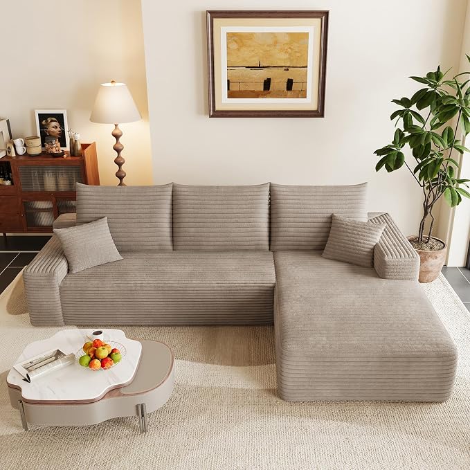 95" Cloud Sectional Couch with L-Shape Chaise, Modular Comfy Sofa Chaise Longue, Upholstered Corduroy Couches Sleeper with Deep Seat for Living Room Bedroom, No Assembly Required(Camel, Right Facing)