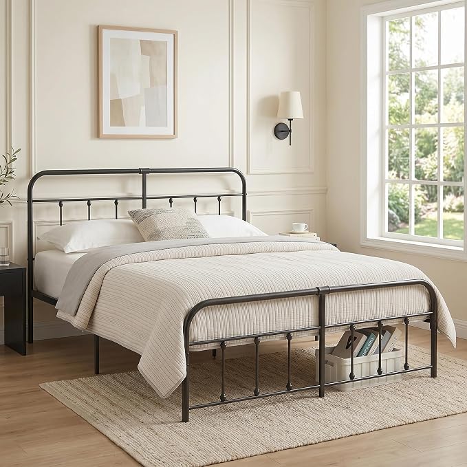 VECELO Black Victorian Style Metal Bed Frame with Headboard/Mattress Foundation/No Box Spring Needed/Under Bed Storage and Strong Slat Support King Size