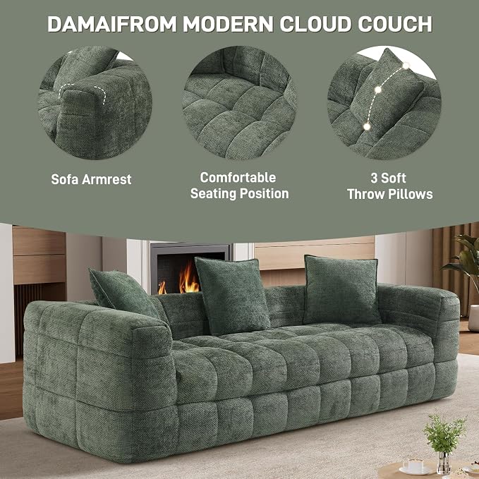 89.8" Boneless Couch,Comfy Cloud Sectional Sofa with Deep Seat,Modern Upholstered Chenille Love Seat Sofa, Oversized Couches for Living Room, No Assembly Required Tufted Sofas, Green