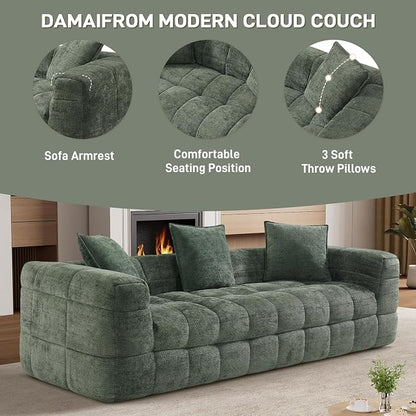 89.8" Boneless Couch,Comfy Cloud Sectional Sofa with Deep Seat,Modern Upholstered Chenille Love Seat Sofa, Oversized Couches for Living Room, No Assembly Required Tufted Sofas, Green