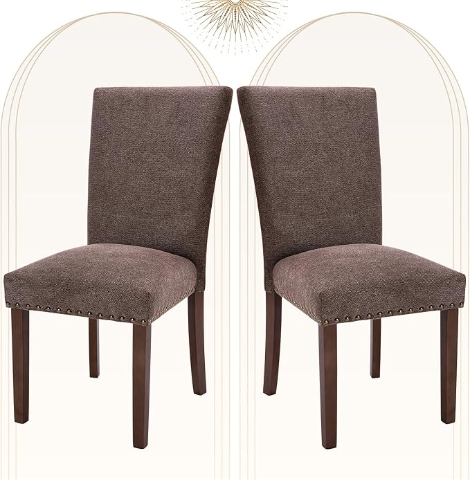 COLAMY Upholstered Parsons Dining Chairs Set of 2, Fabric Dining Room Kitchen Side Chair with Nailhead Trim and Wood Legs - Brown