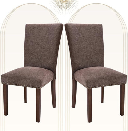 COLAMY Upholstered Parsons Dining Chairs Set of 2, Fabric Dining Room Kitchen Side Chair with Nailhead Trim and Wood Legs - Brown
