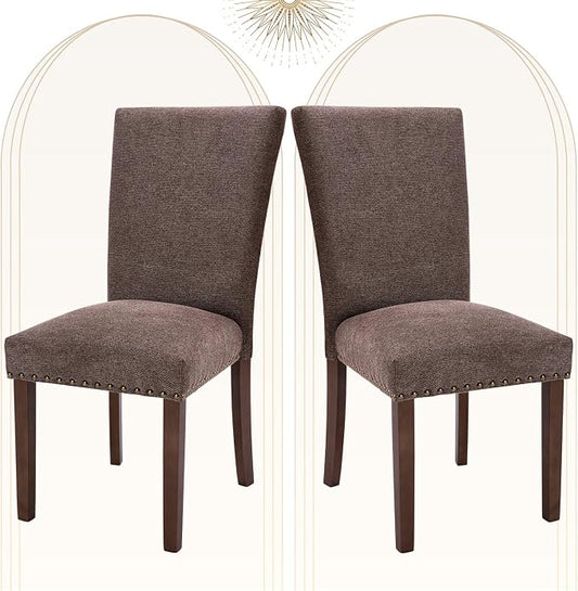 COLAMY Upholstered Parsons Dining Chairs Set of 2, Fabric Dining Room Kitchen Side Chair with Nailhead Trim and Wood Legs - Brown