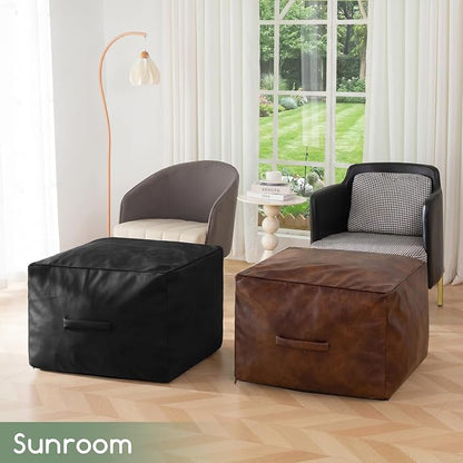 HIGOGOGO Square Stuffed Pouf Ottoman, Pu Leather Poufs with Foam Chunk Filling, Furry and Fluffy Pouf Foot Stool Storage Ottoman,26x18 Inches Floor Poufs Foot Rest for Living Room, Black