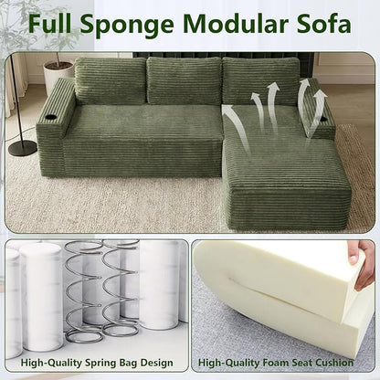 104.3" Modular Sectional Sofa,Modern Corduroy Cloud Couch with Cup Holder & Side Pockets,Boneless Couch Upholstered 4-Seater L-Shaped Sofa for Living Room,No Assembly (Green, Right-Facing Chaise) | with Cup Holder