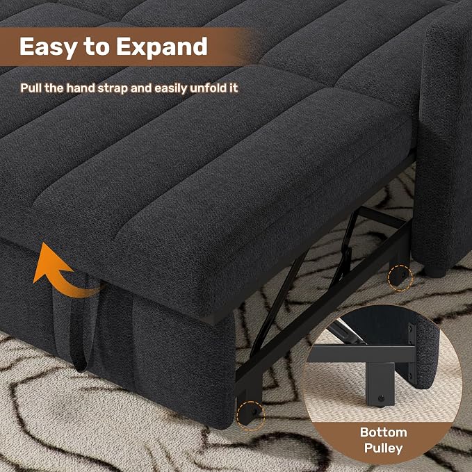Nebuaegis Sleeper Sofa Bed,3-in-1 Convertible Pull Out Couch with Adjustable Backrest for Living Room,Loveseat Sofa Bed with Side Pockets,Easy Assembly,Dark Gray,1 PCS