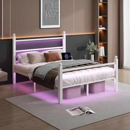CLIBFENG Queen Size Bed Frame with Headboard and Footboard,Steel Slats Support-LED Bed Frame with USB Charging Station,Mattress Foundation-Under Bed Storage,No Box Spring Needed,Noise Free,White