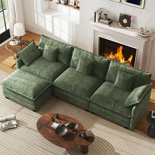 WorthFurni 111.4” Cloud Couch Modular Sectional Sofa with Ottoman, Comfy Modern 3-Seater Couches with Pillows & Upholstered Deep Seat Cushion for Apartment Living Room Bedroom (Green)