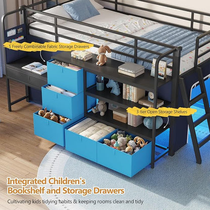 DICTAC Low Loft Bed with Desk and 6 Storage Drawers Twin Loft Bed with Bookshelf,LED Lights & Under-Bed Play Space,Kids Twin Beds with 13.8''H Safety Guardrail,Inclined Ladder&Play Curtain,Blue+Black