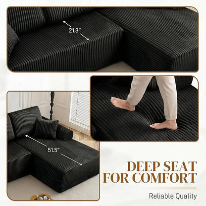 110" L Shaped Boneless Sectional Couches for Living Room, Comfy Corduroy Floor Cloud Sofa with Chaise, Wide Armrest, Deep Seat, Memory Foam, Assembly Free, Ideal for Small Spaces, Black