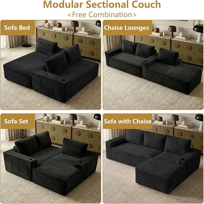 104" Cloud Sectional Couch L-Shaped with Side Pockets Cup Holders, Corduroy Boneless Couch for Living Room,Upholstered Deep-Seat Modular Sectional Sofa,No Assembly Required (Black,Right Facing Chaise)
