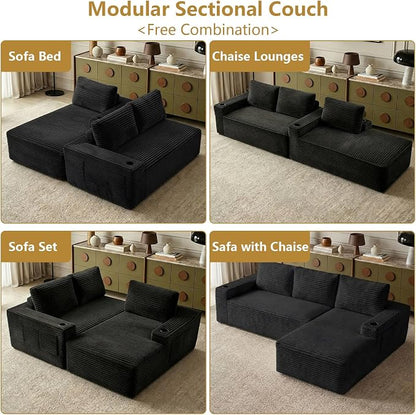104" Cloud Sectional Couch L-Shaped with Side Pockets Cup Holders, Corduroy Boneless Couch for Living Room,Upholstered Deep-Seat Modular Sectional Sofa,No Assembly Required (Black,Right Facing Chaise)