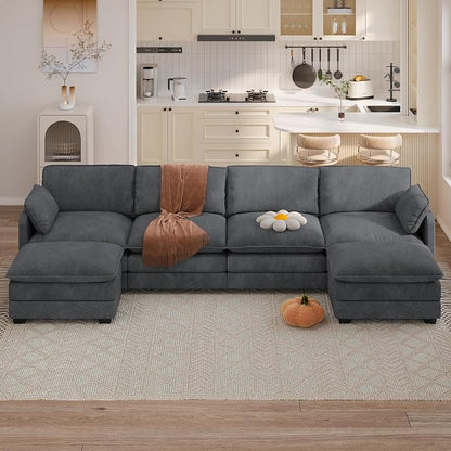 Gizoon 4 Seater Modular Sectional Cloud Sofa with 2 Movable Ottomans U Shaped Corduroy Deep Seat Sofa Couches with Double Layer Upholstered Seat Cushion, Pet-Friendly Fabric, Gray