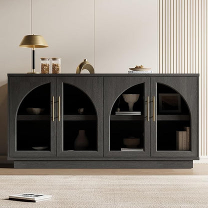 Fatmok Caldera Collection 2-Piece Living Room Set, Arched Glass Buffet Cabinet with Adjustable Shelves and Triple Arch Console Table for Living Room, Hallway and Dining Room, Black Grey