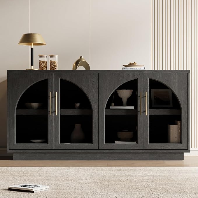 Fatmok Caldera Collection 3-Piece Set, LED Wine Cabinet with USB Ports, 3-Drawer Nightstand, Glass Door Sideboard with Adjustable Shelves for Living Room, Dining Room, Bedroom, Black Grey