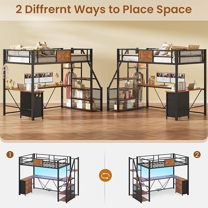 Itaar Stairway Twin Size Loft Bed with L Shaped Desk and Wardrobe, Metal Loft Bed Frame with Storage Stairs, 3 Fabric Drawers, LED Lights & Charging Sation (Rustic Brown, Twin)