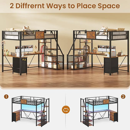 Itaar Stairway Twin Size Loft Bed with L Shaped Desk and Wardrobe, Metal Loft Bed Frame with Storage Stairs, 3 Fabric Drawers, LED Lights & Charging Sation (Rustic Brown, Twin)