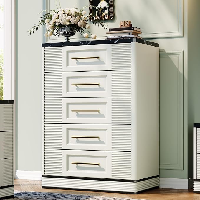 RECHHX Farmhouse 5 Drawers Dresser for Bedroom, 44" Tall Modern Marble-Effect Chest of Drawers, Wooden Thermoformed Curved Dresser Organizer for Bedroom, Living Room, White