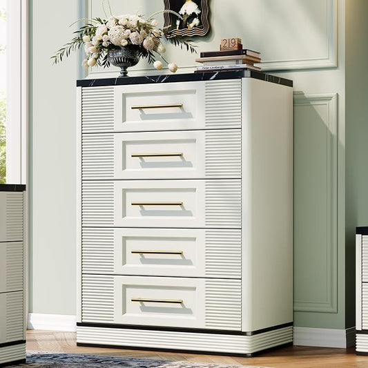 RECHHX Farmhouse 5 Drawers Dresser for Bedroom, 44" Tall Modern Marble-Effect Chest of Drawers, Wooden Thermoformed Curved Dresser Organizer for Bedroom, Living Room, White