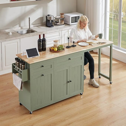 ONBRILL Kitchen Islands with Extendable Dining Table, 81.7" Mobile Kitchen Storage Islands, Rolling Kitchen Cart with Trash Cabinet, Power Outlet, Spice Rack & Towel Rack, Green