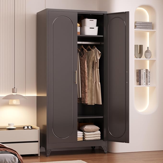 Armoire Wardrobe Closet, 71" Tall Metal Storage Cabinet with Hanging Rod and Adjustable Shelves, Clothes Wardrobe Cabinet, Black Armoires, Steel Closet for Bedroom, Bathroom, Office, School