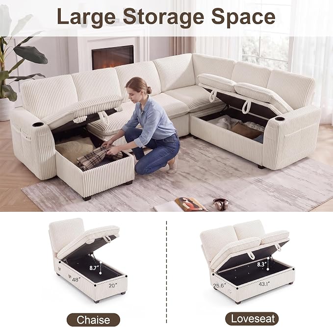 Sectional Sleeper Sofa with Pull Out Bed, Plush Corduroy 7 Seat Modular Sectional Sofa with Storage Chaise and Adjustable Backrest, Cloud Couches for Living Room, Apartment, Beige
