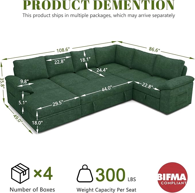 108 Inch Modular Sectional Sofa with Pull Out Bed,U Shaped 7 Seat Sectional Sleeper Sofa with Storage,Sectional Couches for Living Room,Cloud Modular Couch,Removable Sofa Cover,Green
