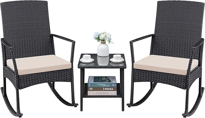 Greesum 3 Pieces Patio Furniture Set Outdoor Wicker Rocking Chairs with Glass Coffee Table for Garden Backyard Porch Poolside, Beige
