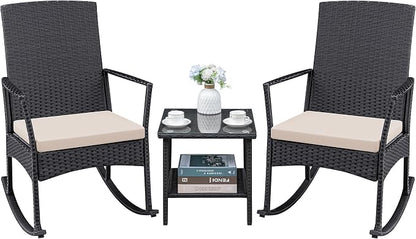 Greesum 3 Pieces Patio Furniture Set Outdoor Wicker Rocking Chairs with Glass Coffee Table for Garden Backyard Porch Poolside, Beige