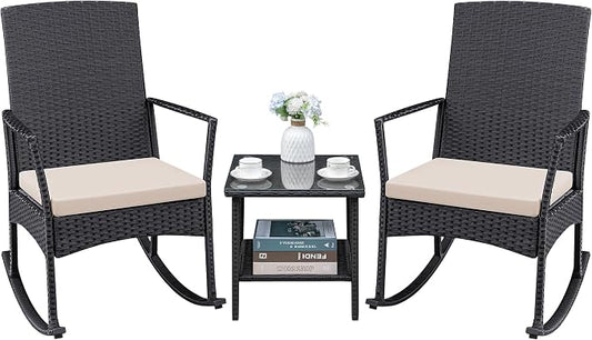 Greesum 3 Pieces Patio Furniture Set Outdoor Wicker Rocking Chairs with Glass Coffee Table for Garden Backyard Porch Poolside, Beige