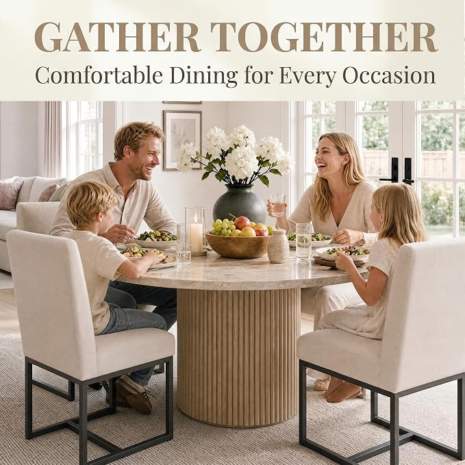 HNY Modern Dining Chairs Set of 4, Upholstered Linen Dining Room Chairs with Ergonomic Back & Metal Frame for Home, Kitchen, Apartment, Cream