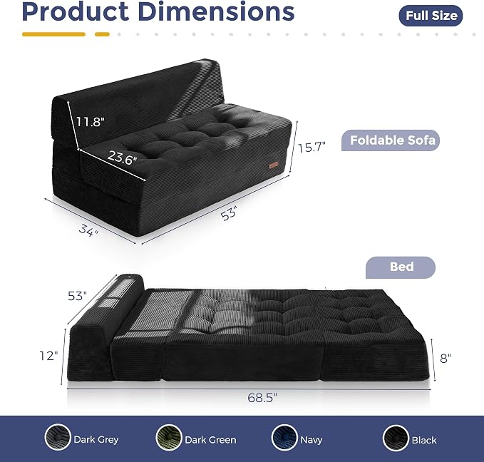 MAXYOYO 8" Folding Sofa Bed, Fold Out Chair Bed, Convertible Floor Sofa Couch, High-Density Foam Tufted Lounge Couch for Living Room Bedroom Dorm, Loveseat, Black
