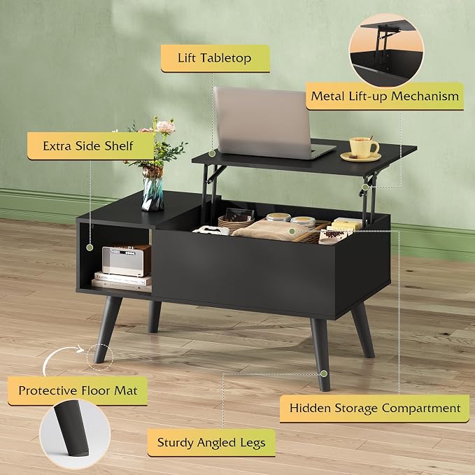 WLIVE Coffee Table for Living Room, Small Coffee Table with Storage, Lift Top Modern Wooden Dining Center Table with Storage Shelf & Hidden Compartment, 31.5" Black