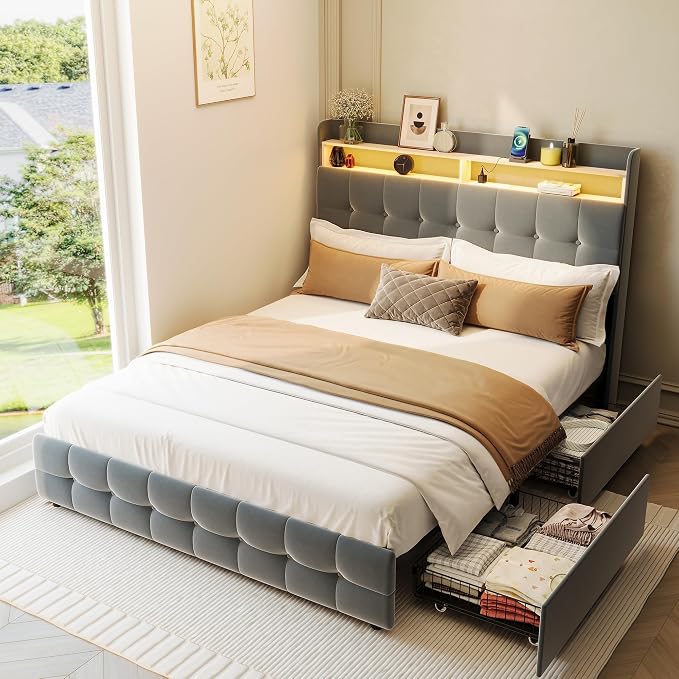 IDEALHOUSE Queen Size Upholstered Bed Frame Fabric with Storage Drawers and LED Lights, Headboard and Frame for Cozy Bedroom Sets Upgrades
