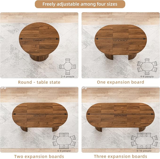 43-95 Inch Oval Extendable Dining Table for 4-10, Fluted Space Saving Long Round Kitchen Table with 3 Leaf, 2 Storage, Mid Century Modern Dining Room Dinner Table for Living Room, Walnut
