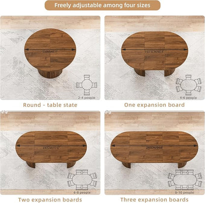 43-95 Inch Oval Extendable Dining Table for 4-10, Fluted Space Saving Long Round Kitchen Table with 3 Leaf, 2 Storage, Mid Century Modern Dining Room Dinner Table for Living Room, Walnut