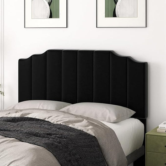 Befurtori Queen Size Headboard Only, Velvet Wall Mounted Headboard Queen Size for Adjustable Bed, Modern Vertical Channel Design with Curved Tufted Upholstered Head Board and Luxury Soft Padded, Black