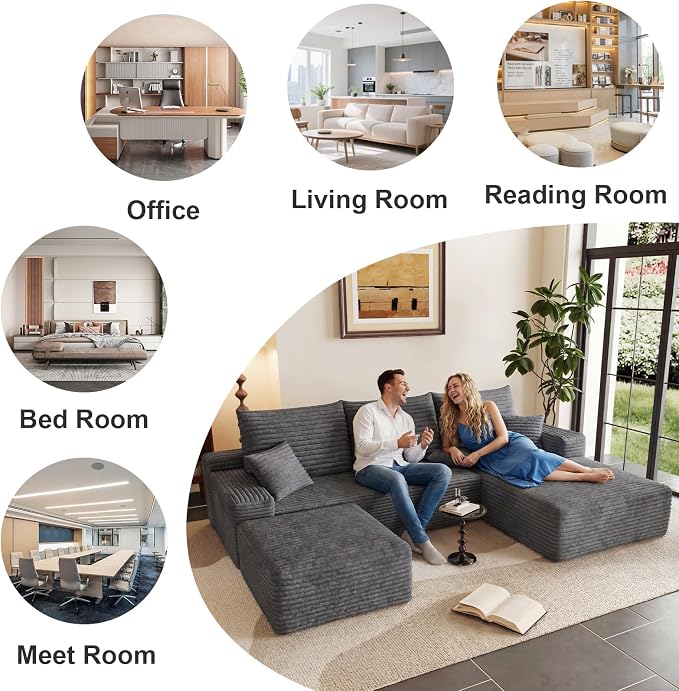 95" Cloud Sectional Couch U-Shaped Chaise with Ottoman, Corduroy Boneless Couch for Living Room Bedroom, Deep-Seat Upholstered Modular Cloud Sofa, No Assembly Required (Grey, Right Facing Chaise)