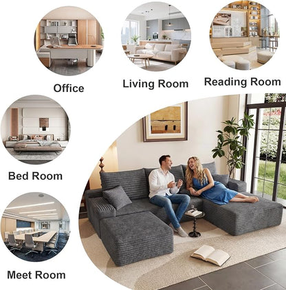 95" Cloud Sectional Couch U-Shaped Chaise with Ottoman, Corduroy Boneless Couch for Living Room Bedroom, Deep-Seat Upholstered Modular Cloud Sofa, No Assembly Required (Grey, Right Facing Chaise)