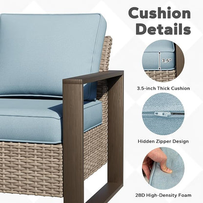 Joyside Outdoor Patio Wicker Sofa, 3-Seater Rattan Sofa with Thick Olefin Cushions and Metal Steel Rectangular Framed Armrest -Looking Metal Armrest Suitable for Garden, Backyard, Porch, Deck
