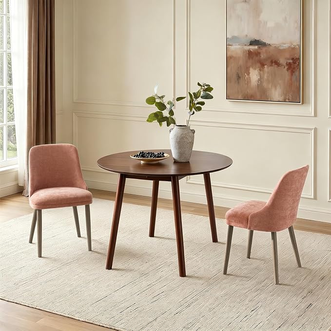 Upholstered Dining Chairs Set of 2, Fabric Dining Room Chairs with Curved Backrest, Solid Wood Legs, Modern Kitchen Chairs for Dining Room Living Room, Coral