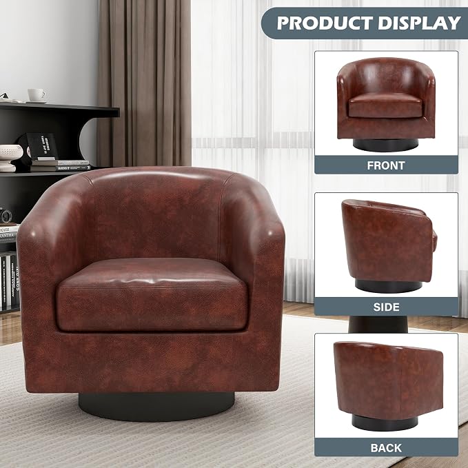 Faux Leather Swivel Barrel Accent Chairs Set of 2, Swivel Club Chair Upholstered Armchair for Living Room, Modern Round Pleather Arm Chair Comfy Single Sofa Bedroom Reading Seat - Red Brown