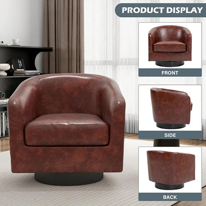 360° Swivel Barrel Accent Chair Armchair, PU Leather Round Club Arm Chair for Lving Room, Modern Upholstered Small Bedroom Single Sofa Seat - Red Brown, Set of 1