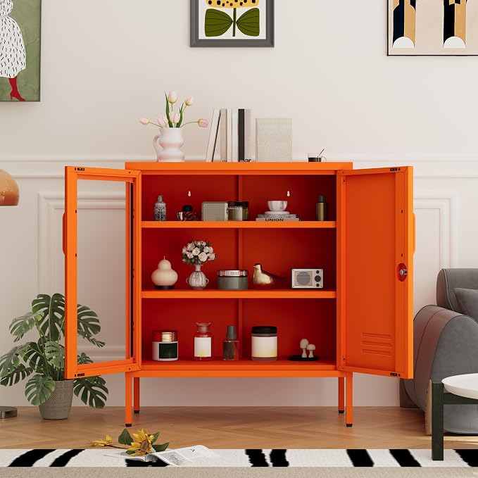 Metal Cabinet Metal Bathroom Storage Cabinet Metal Storage Cabinets with Glass Door and Adjustable Shelves Cabinet Storage for Coffee Bar for Homes, Living Rooms and Offices Orange 33''H