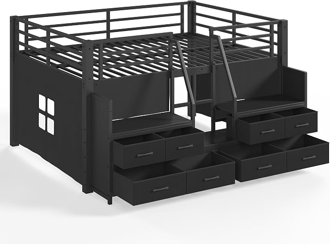Bellemave Full Size Loft Bed with 8 Non-Woven Fabric Storage Drawers and Bookshelf, Low Loft Bed with Lights and Private Play Curtain, Full Loft Beds with High Rails, Noise Reduced Black