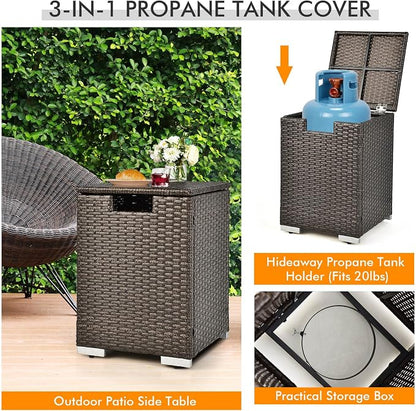 Tangkula 2 Piece Outdoor Propane Fire Pit Table Set with Hideaway Propane Tank Holder, 40,000 BTU Rattan Wicker Fire Pit Table with Lava Rocks, Waterproof Cover, Ideal for Backyard, Patio (Brown)