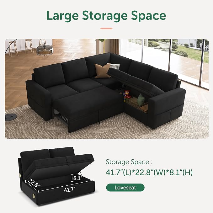 HONBAY Modular Sectional Sleeper Sofa with Pull-Out Bed, Velvet L-Shaped Sofa with Storage Seat, Sectional Sofas for the Living Room, Black