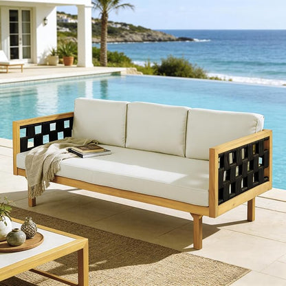 Merax Outdoor 3 Seater Daybed, Acacia Wood Patio Day Bed Couch Sofa with Cushions & Stylish Rope Weave Armrest, 67.5" L Outdoor Seating for Gardern Deck Porch Balcony, Beige