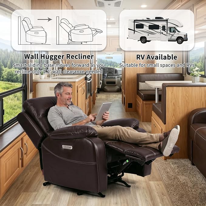 EONIX Power Zero Wall Hugger Power Recliner Chair for Small Space RV Living Room,Power Recliner with Massage and Heat, USB & USB-C Charging Ports, SXXY003992, Dark Brown